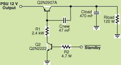 簡單的軟啟動電路可以禁止待機時的電源輸出，同時消除導通時的電流尖峰，因此，可利用小型晶體管(Q1)來保持低成本